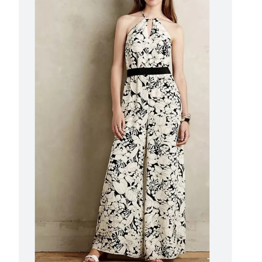 Anthropologie Elevenses Lilium Jumpsuit Medium 100% Silk Floral Wide Leg Floral